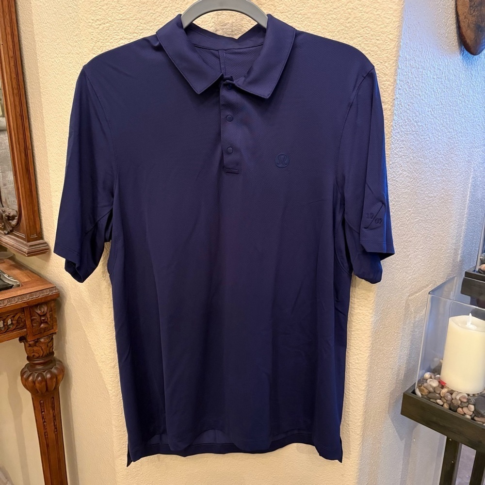 LULULEMON Men Navy Logo Snap Button Polo Short Sleeve Shirt Size M/L